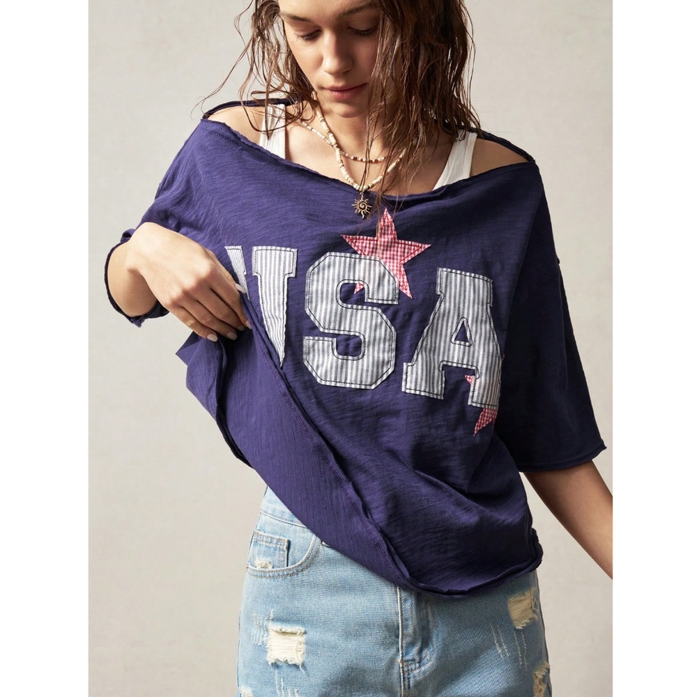 100% Cotton USA Navy Blue Oversized Boat Cut Neck Tee Shirt - Picture 4 of 8